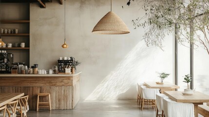 Minimalist luxury coffee shop, light-colored wooden table, white linen chair, simple hanging lamp, polished concrete floor, clean white wall, potted plants add freshness