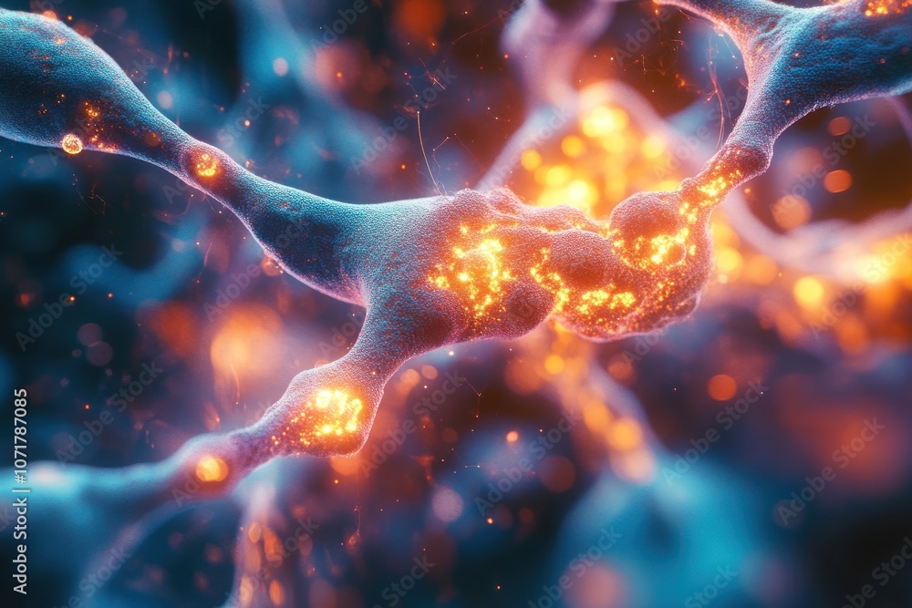 Poster abstract 3d rendering of a neuron with glowing nodes, representing a connection or communication.
