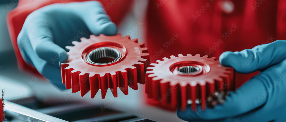 Poster a close-up of a person's gloved hands holding two red gears, showcasing precision engineering and me