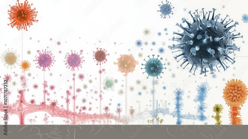 Poster a graphic showing the evolution of viruses, from simple forms like bacteriophages to complex viruses