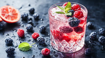 Vibrant Berry Cocktail with Elegant Glassware in Natural Light A photo of a cocktail glass with a berry garnish, shot in natural light to capture the colors, texture, and refreshing appeal of the drin