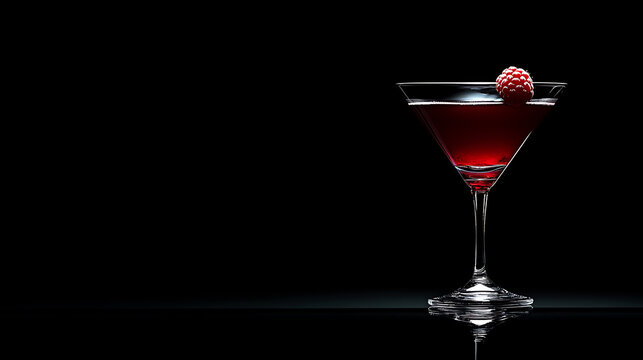 Minimalist Berry Cocktail Against Dark Background A minimalist shot of a cocktail glass with a single berry garnish against a moody, dark background, highlighting the contrast and elegance of the drin