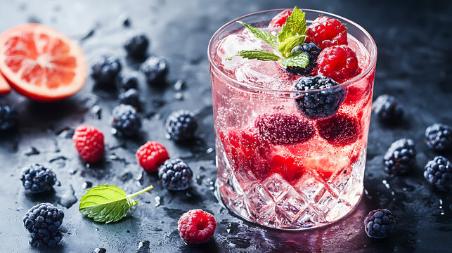 Vibrant Berry Cocktail with Elegant Glassware in Natural Light A photo of a cocktail glass with a berry garnish, shot in natural light to capture the colors, texture, and refreshing appeal of the drin
