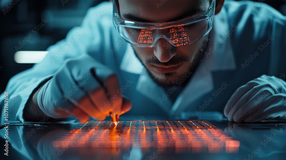 Poster a focused scientist in a lab conducts precise work on a glowing electronic component, highlighting i