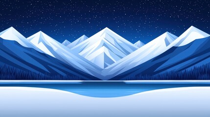 Night Mountain Landscape with Snowy Peaks and Starry Sky
