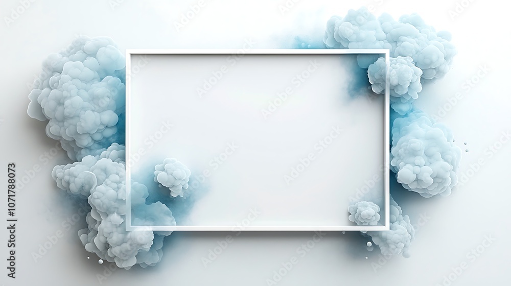 Poster artistic frame surrounded by soft clouds in a minimalist style, ideal for creative projects, graphic