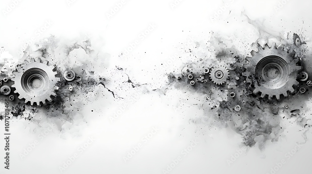Poster abstract clip art of gears with artistic elements in monochrome style, featuring dynamic patterns an