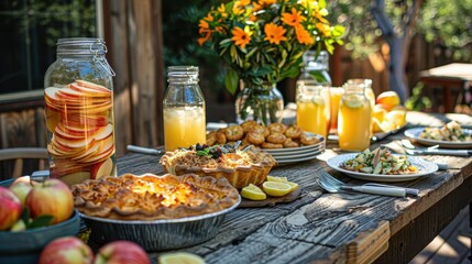 Fototapeta premium A vibrant outdoor table filled with various delicious foods and drinks for a gathering.