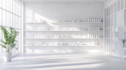 Fototapeta premium Modern and minimalist pharmacy interior with white shelves filled with product bottles, featuring bright sunlight streaming through large windows. This clean and spacious design emphasizes a professio