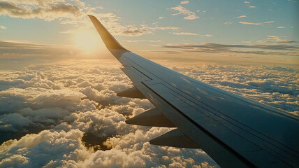 Obraz premium stunning view of airplane wing gliding over fluffy clouds at sunset, capturing beauty of flight and serene sky