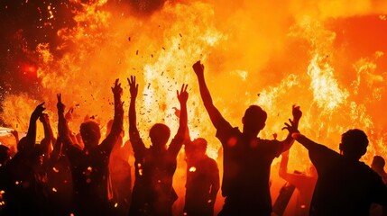 Fototapeta premium Silhouetted figures celebrate amidst a vibrant fire, creating an intense atmosphere.