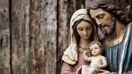 A serene depiction of Mary, Joseph, and Baby Jesus, symbolizing love and family against a rustic wooden backdrop. © Rachakrit