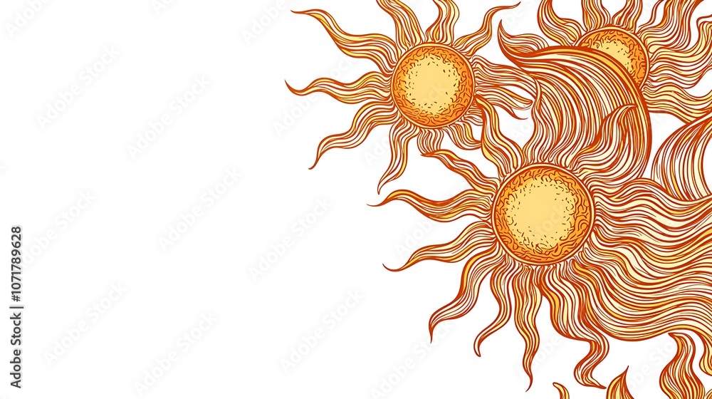 Aufkleber frame with stylized suns in a simple clip art design, featuring vibrant curved rays in warm colors a
