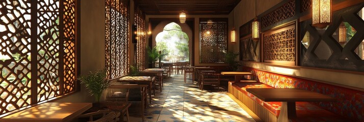 Modern Indian restaurant with intricate latticework, showcasing a warm and inviting atmosphere, elegant design, traditional details, comfortable seating, and natural sunlight.