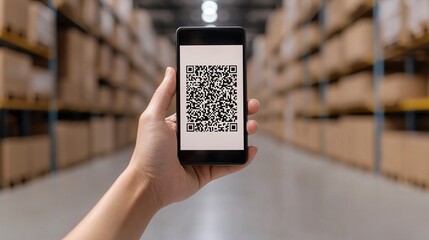 A hand holds a smartphone displaying a QR code, with a warehouse filled with shelves in the background.