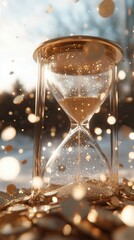 A golden hourglass surrounded by shimmering coins on a sparkling twilight background filled with enchantment and wonder