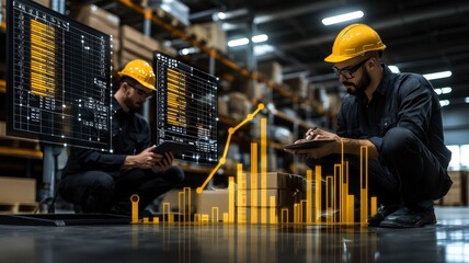 Two warehouse workers in hard hats analyze data on digital screens, with graphical statistics depicting performance metrics in a busy industrial setting.