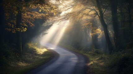 Obraz premium Sunlit forest road with soft morning rays through green trees – nature background.