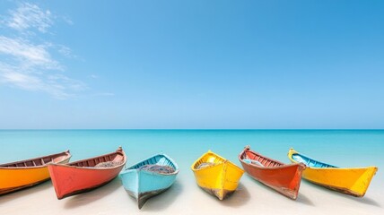 Obraz premium A group of brightly painted fishing boats lined up along the coast of Ghana, with fishermen preparing nets and sorting fish