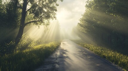 Obraz premium Sunlit forest road with soft morning rays through green trees – nature background.