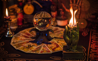 Illustration of prediction and fortune telling. Mystical altar with crystal ball and candle