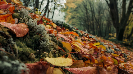Obraz premium Colorful autumn leaves scattered on a moss-covered forest floor, with a misty atmosphere and trees in the background, creating a serene and natural autumn landscape.
