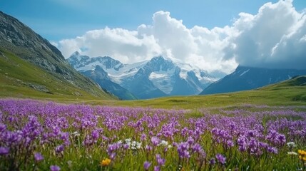 Obraz premium A vibrant meadow filled with purple flowers, framed by majestic mountains and clouds.