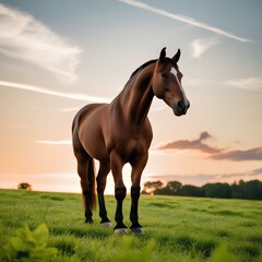 A horse stands gracefully in a field, silhouetted against a vibrant sunset sky