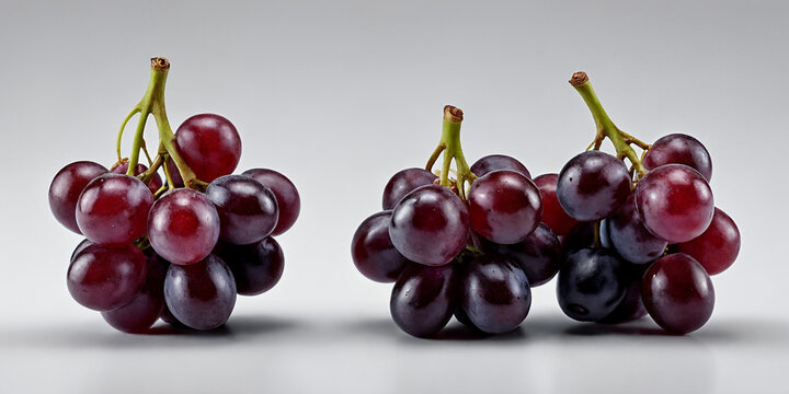 Zwei frische, purpurfarbene Traubenb&uuml;schel, die nebeneinander auf hellem Hintergrund liegen und die satte Farbe und Textur der Fr&uuml;chte betonen