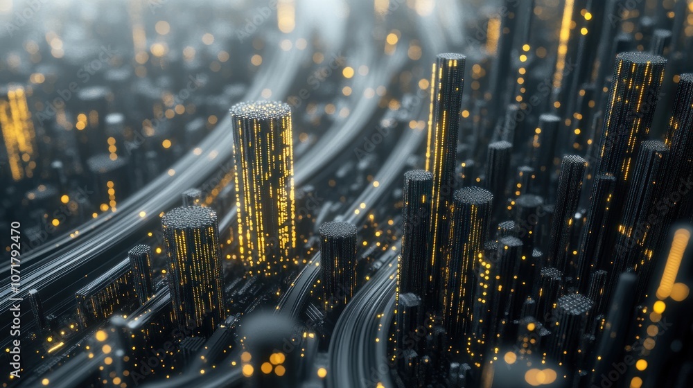 Poster a futuristic cityscape with glowing structures and dynamic lines.