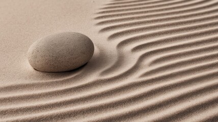 A smooth rounded stone lying on a sandy surface. The stone is surrounded by intricate parallel lines carved in the sand, which attract the viewer's gaze to the stone.