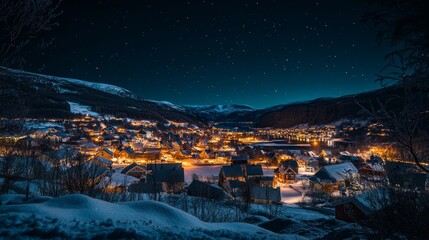 A stunning wide-angle shot of a quaint village nestled in a snowy valley under a mesmerizing night sky, with the twinkling lights of the town reflecting the brilliance of the stars.