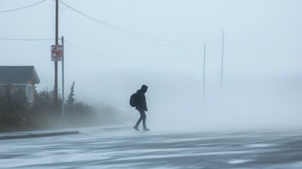 Obraz premium A lone figure walks through a dense fog, battling strong winds, symbolizing resilience, determination, and the struggle against the elements. The fog creates an atmosphere of mystery and isolation, wh