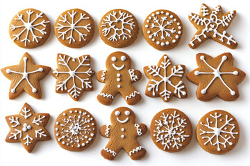 Fototapeta premium Set of traditional Christmas gingerbread cookies, photo on white background, shows homemade baking.