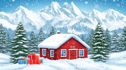Fototapeta premium Cozy Cabin Surrounded by Snowy Mountains and Gifts