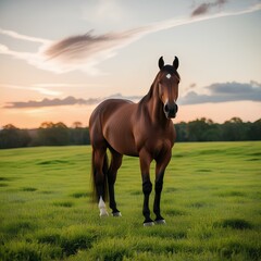 A horse stands gracefully in a field, silhouetted against a vibrant sunset sky