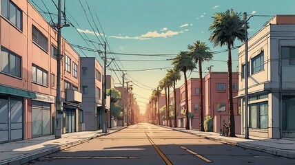 anime style background of empty urban streets, with trees on either side of the road. generative ai