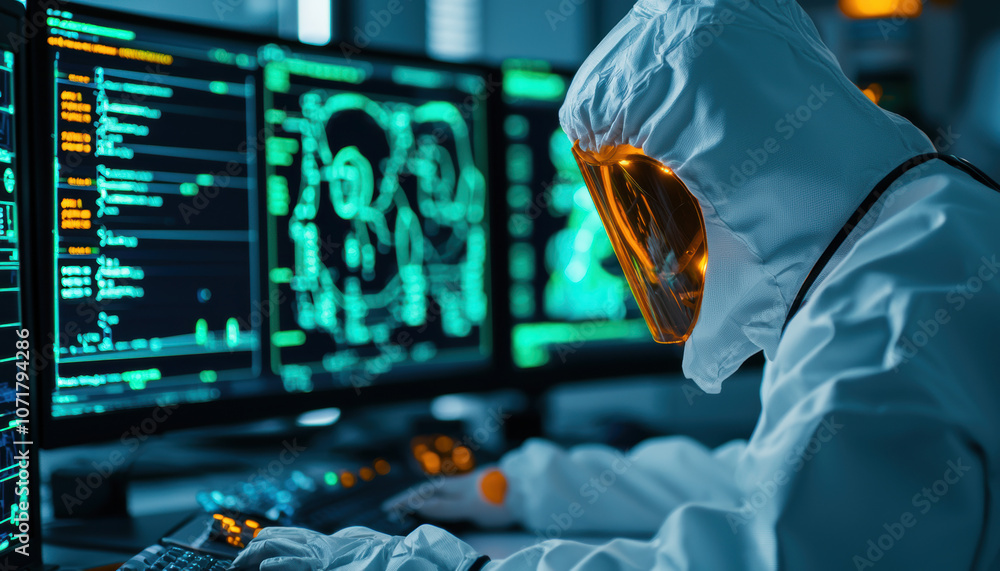 Aufkleber a futuristic technician in a protective suit monitors multiple screens filled with data in a high-te