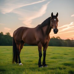 A horse stands gracefully in a field, silhouetted against a vibrant sunset sky