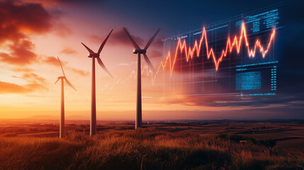Wind turbines at sunset with data overlay, symbolizing renewable energy growth and technological innovation in sustainable power