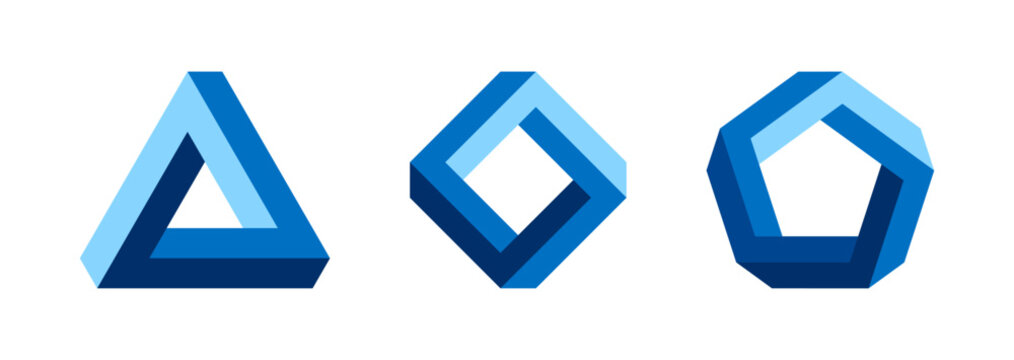 Penrose triangle, square and pentagon, impossible objects, that appear as solid objects, made of straight bars. Optical illusions consisting of objects which can be depicted in perspective drawings.