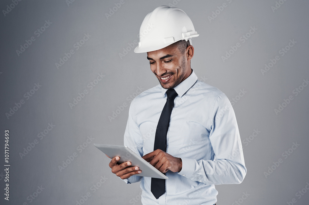 Poster engineer, tablet and happy with digital research and online blueprint of builder in studio. contract