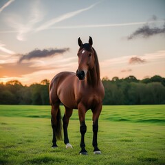 A horse stands gracefully in a field, silhouetted against a vibrant sunset sky