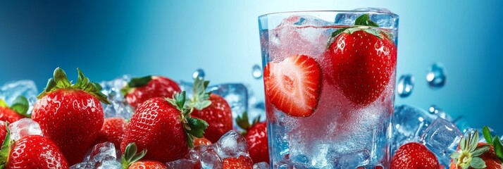 A tall glass filled with refreshing strawberry drink, ice cubes, and fresh strawberries, all set against a vibrant blue background. The perfect thirst quencher for a hot summer day.
