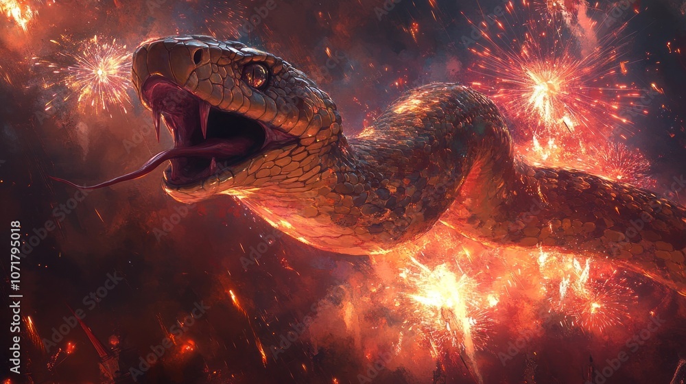 Poster a fiery snake with an open mouth and forked tongue surrounded by exploding fireworks.