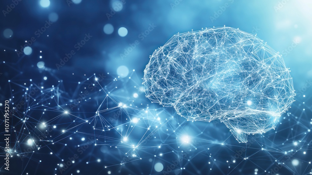 Poster a digital representation of a brain interconnected with glowing nodes and lines.