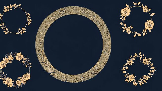 Five ornate gold floral wreaths on a dark blue background