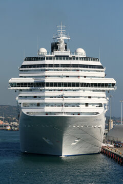 Front view of cruise ship MS Costa Serena, moored in Port of Civitavecchia , Italy