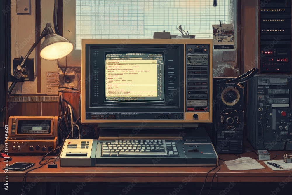 Poster a vintage computer with a crt monitor and keyboard sits on a wooden desk with a lamp, a cassette pla