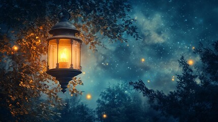 A glowing lantern hangs from a tree branch in a magical forest, illuminating the night sky and casting a warm glow.